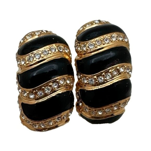 Elegant Gold and Black Striped Earrings with Crystals - Picture 1 of 4